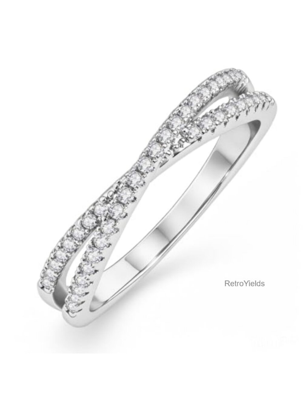 Moissanite Criss Cross Ring Rhodium Plated Brass Half Eternity Promise